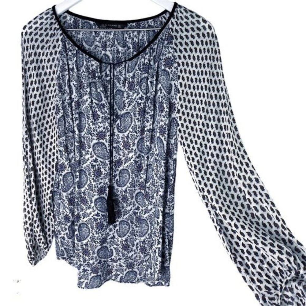 Zara Boho Paisley Peasant Tunic Top Navy Blue White S